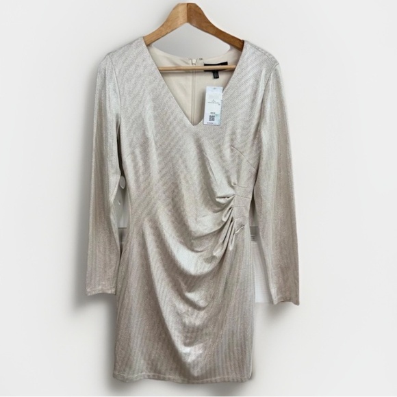 Guess Dresses & Skirts - Guess Dress Size 6 Silver Beige Ruched Metallic Long Sleeve VNeck Party